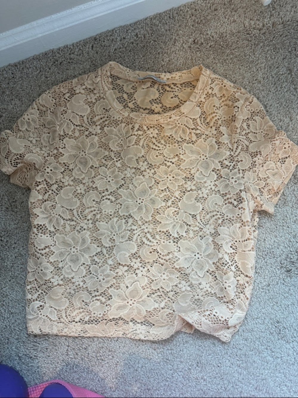 Zara Cream Floral Lace see thru Short Sleeve Tee